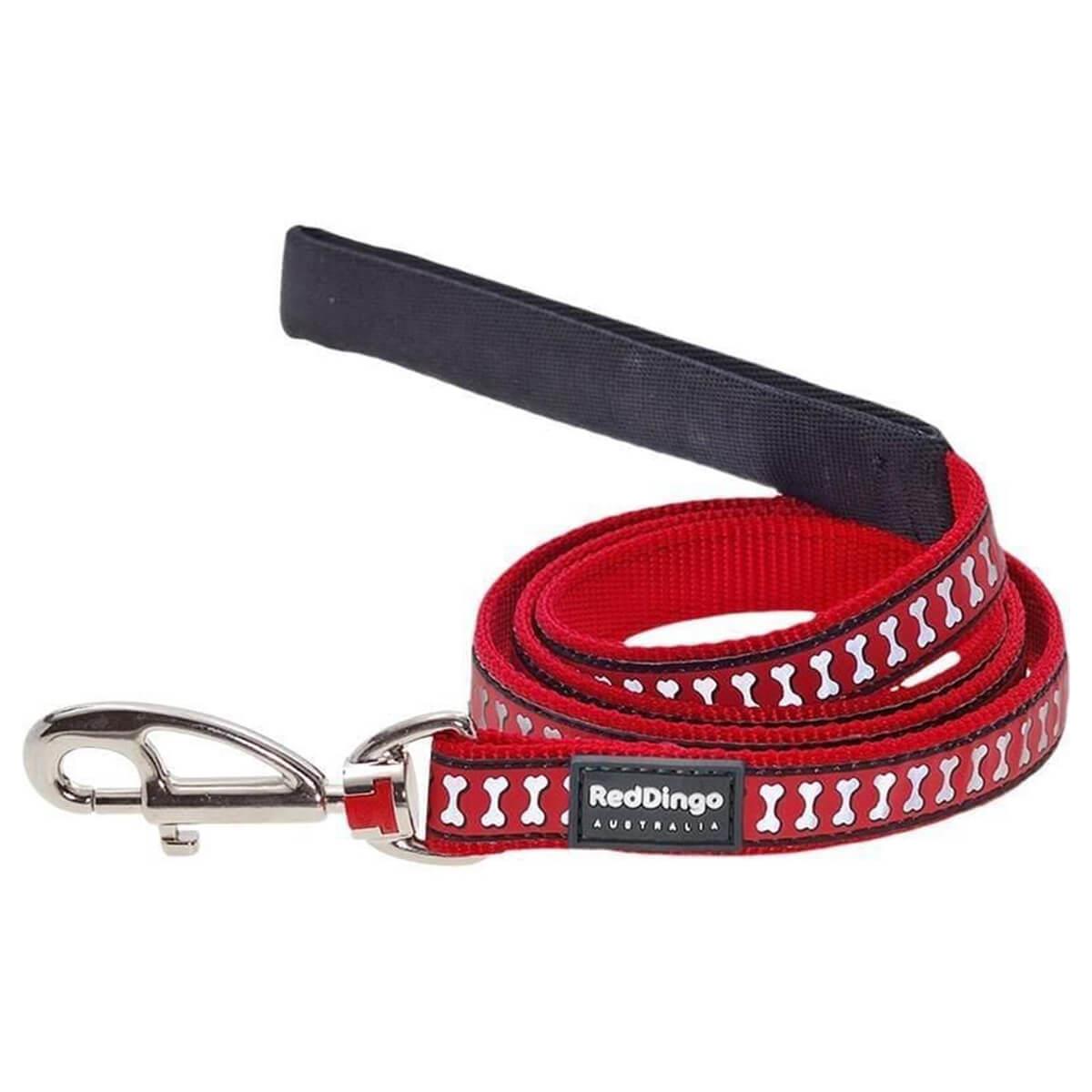 Reddingo Reflektörlü Kemik Desenli Köpek Gezdirme Tasması 12 Mm – 1,1 M - 1,7 M – XSmall – Kırmızı