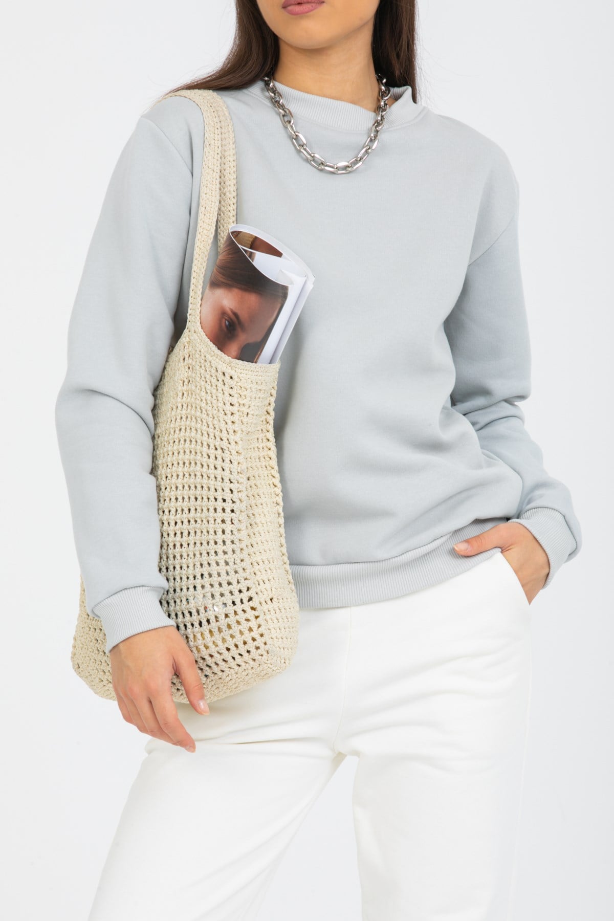 Açık Gri Bisiklet Yaka Kadın Sweatshirt