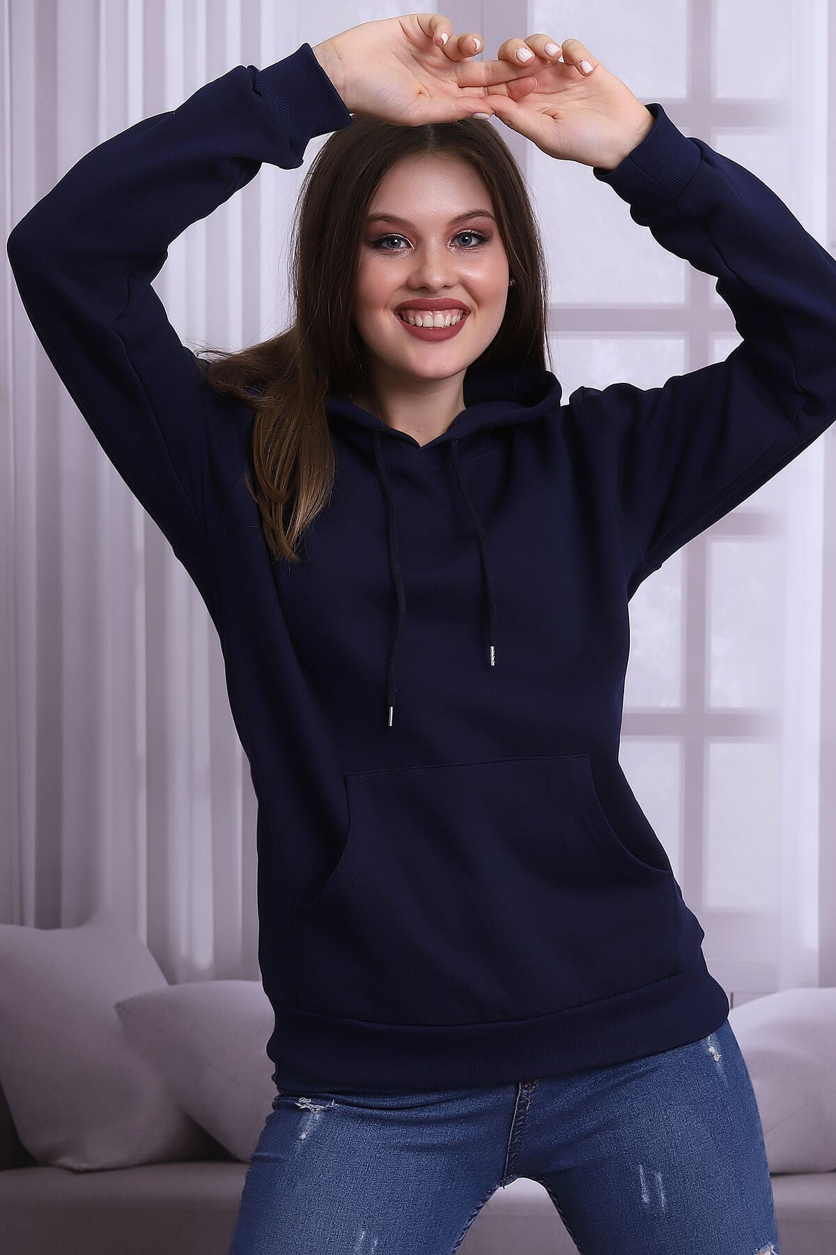 Lacivert Kapüşonlu Üç İplik Sweatshirt