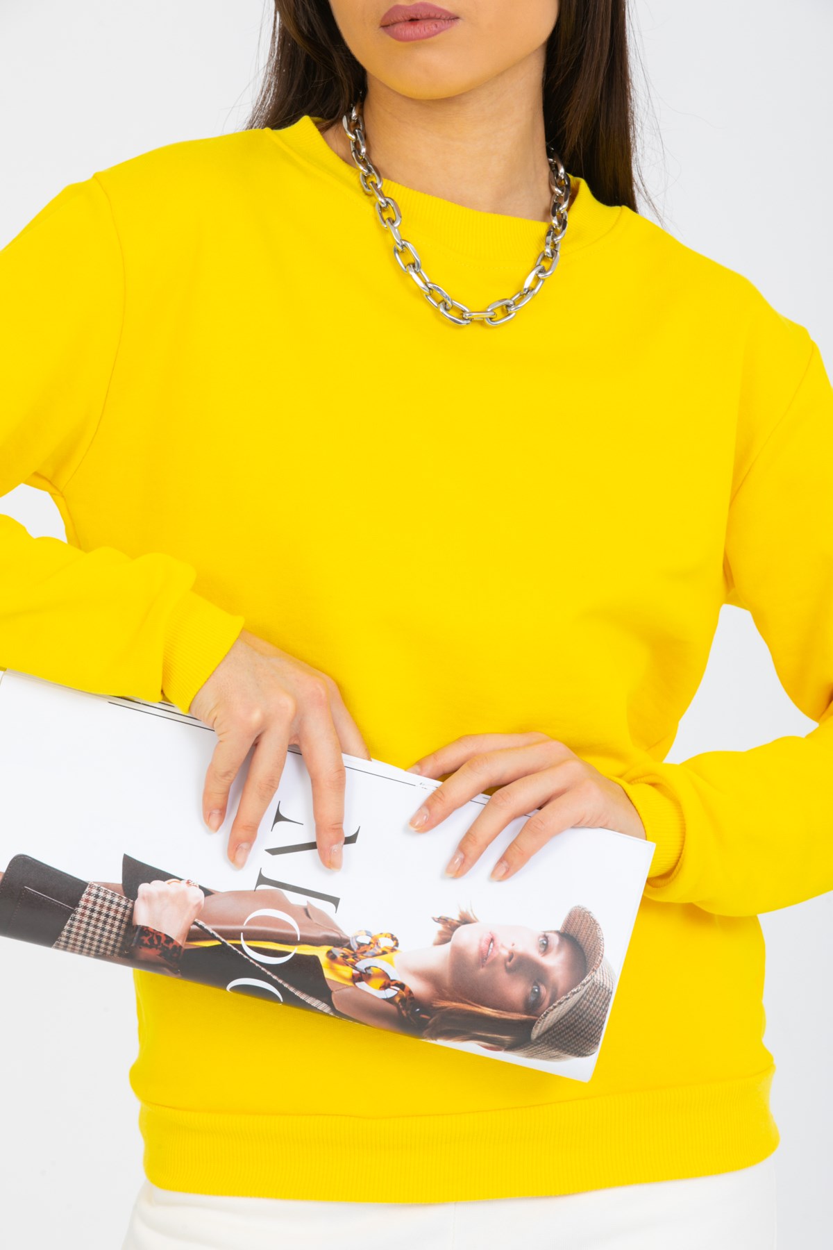 Sarı Bisiklet Yaka Kadın Sweatshirt