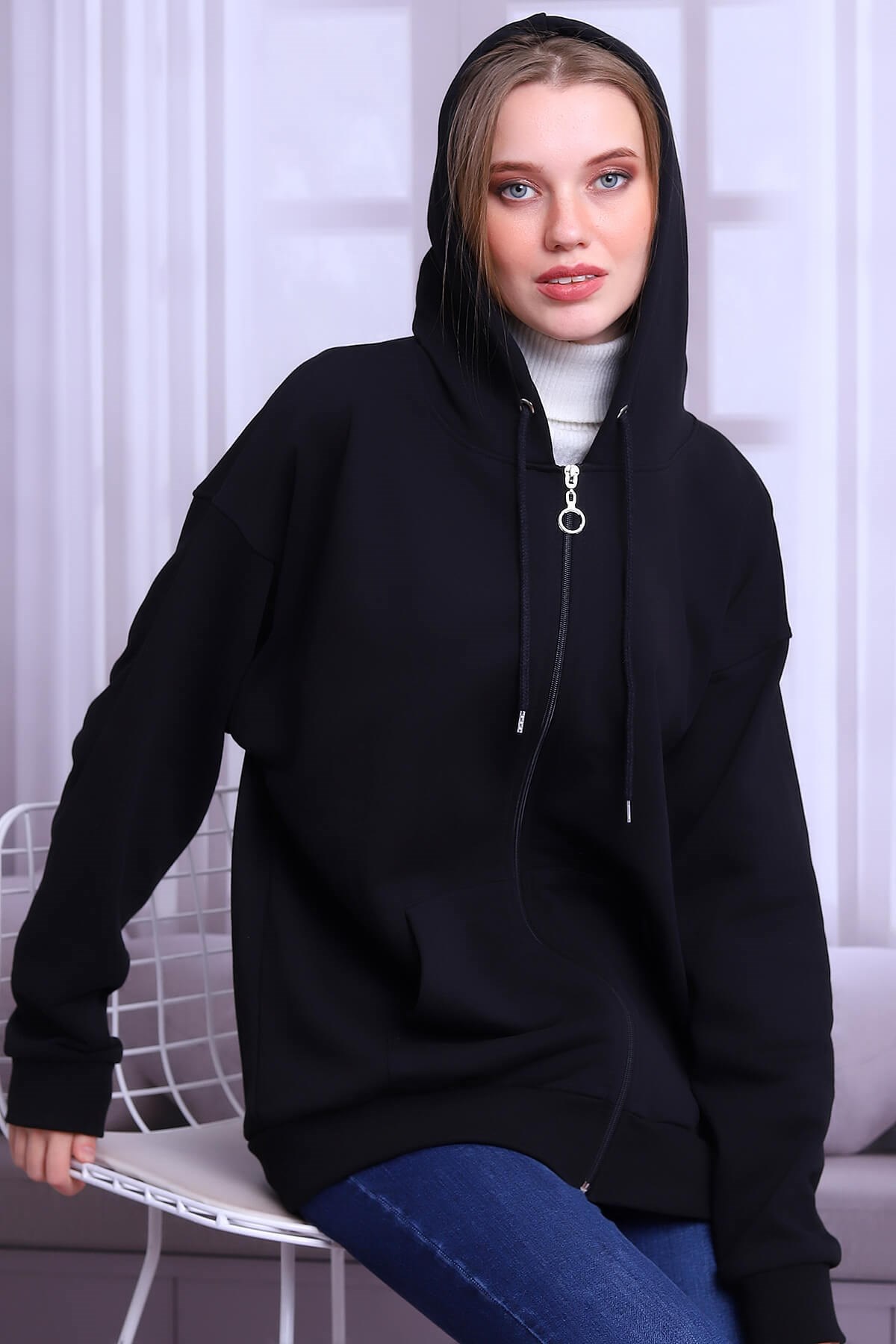 Siyah Oversize Fermuarlı Hırka