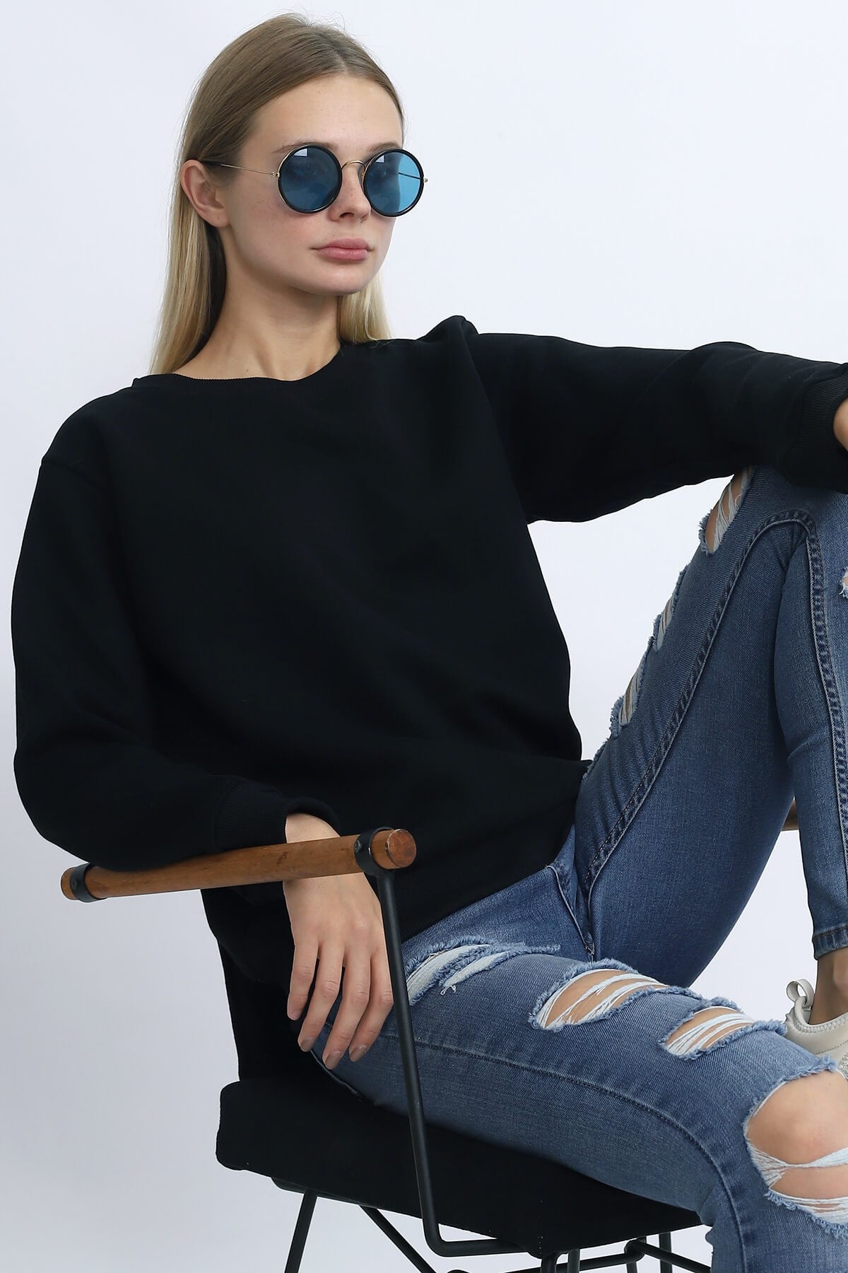 Üç İplik Bisiklet Yaka Kadın Sweatshirt