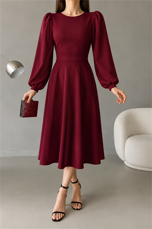 Bordo Balon Kol Bisiklet Yaka Basic Midi Boy İthal Krep Kumaş Elbise