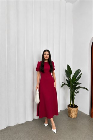 Bordo İthal Krep Kumaş Karpuz Kol Sırt Fermuarlı Midi Boy Elbise