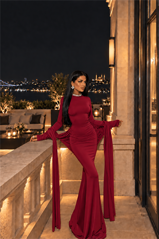 Bordo Uzun Kollu Boğazlı Bel Tasarımlı Maxi Boy Sandy Kumaş Elbise