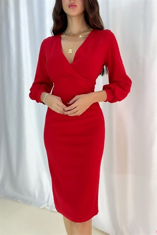 Kırmızı Krep Kumaş Uzun Kollu Kruvaze Yaka Elbise