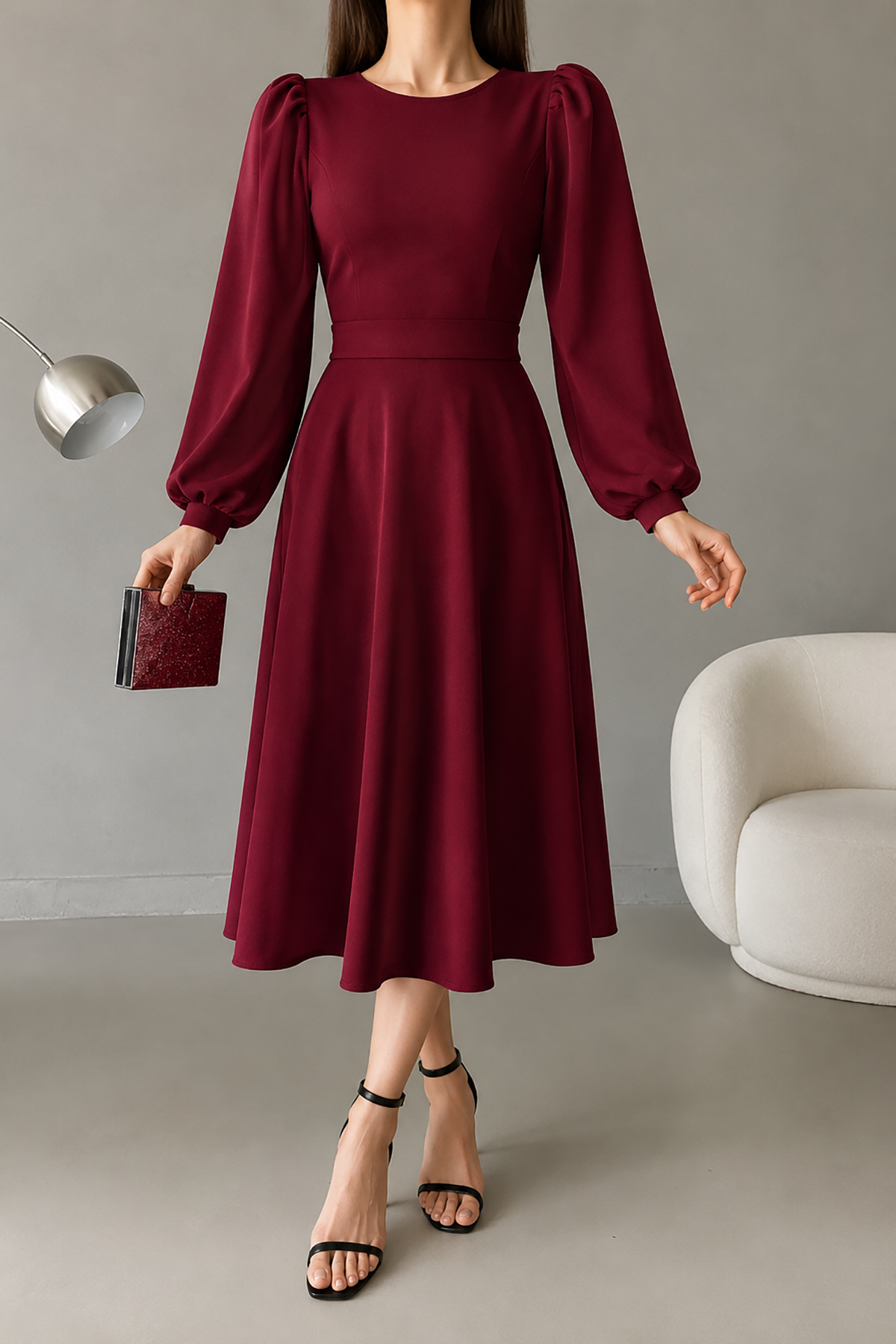 Bordo Balon Kol Bisiklet Yaka Basic Midi Boy İthal Krep Kumaş Elbise