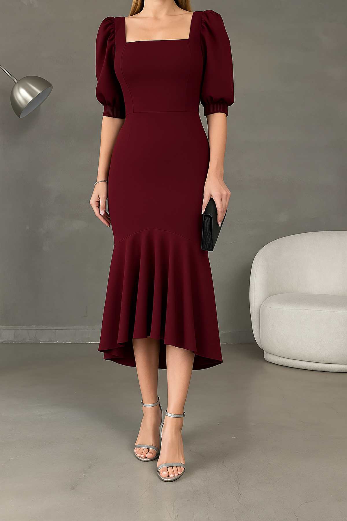 Bordo Krep Kumaş Kare Yaka Balon Kol Balık Model Midi Boy Elbise 