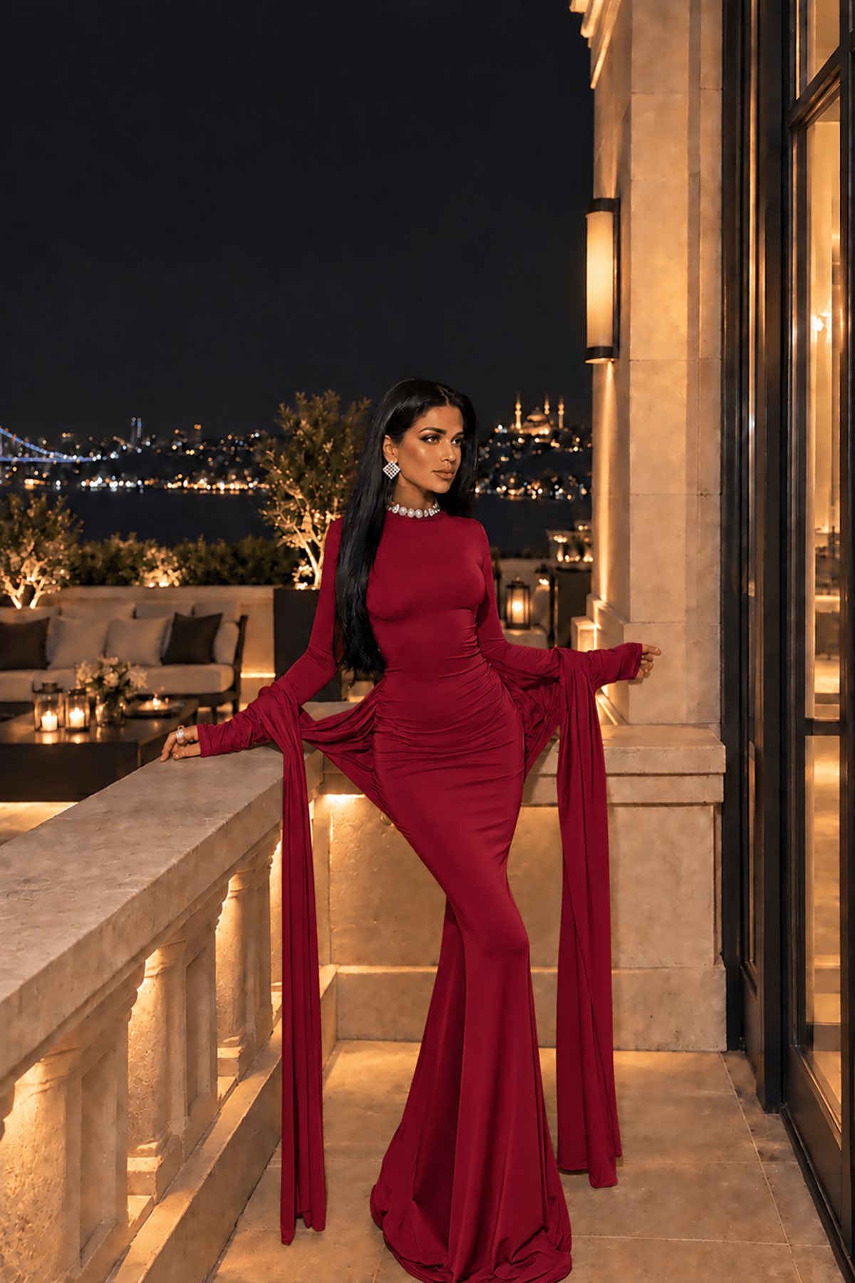 Bordo Uzun Kollu Boğazlı Bel Tasarımlı Maxi Boy Sandy Kumaş Elbise