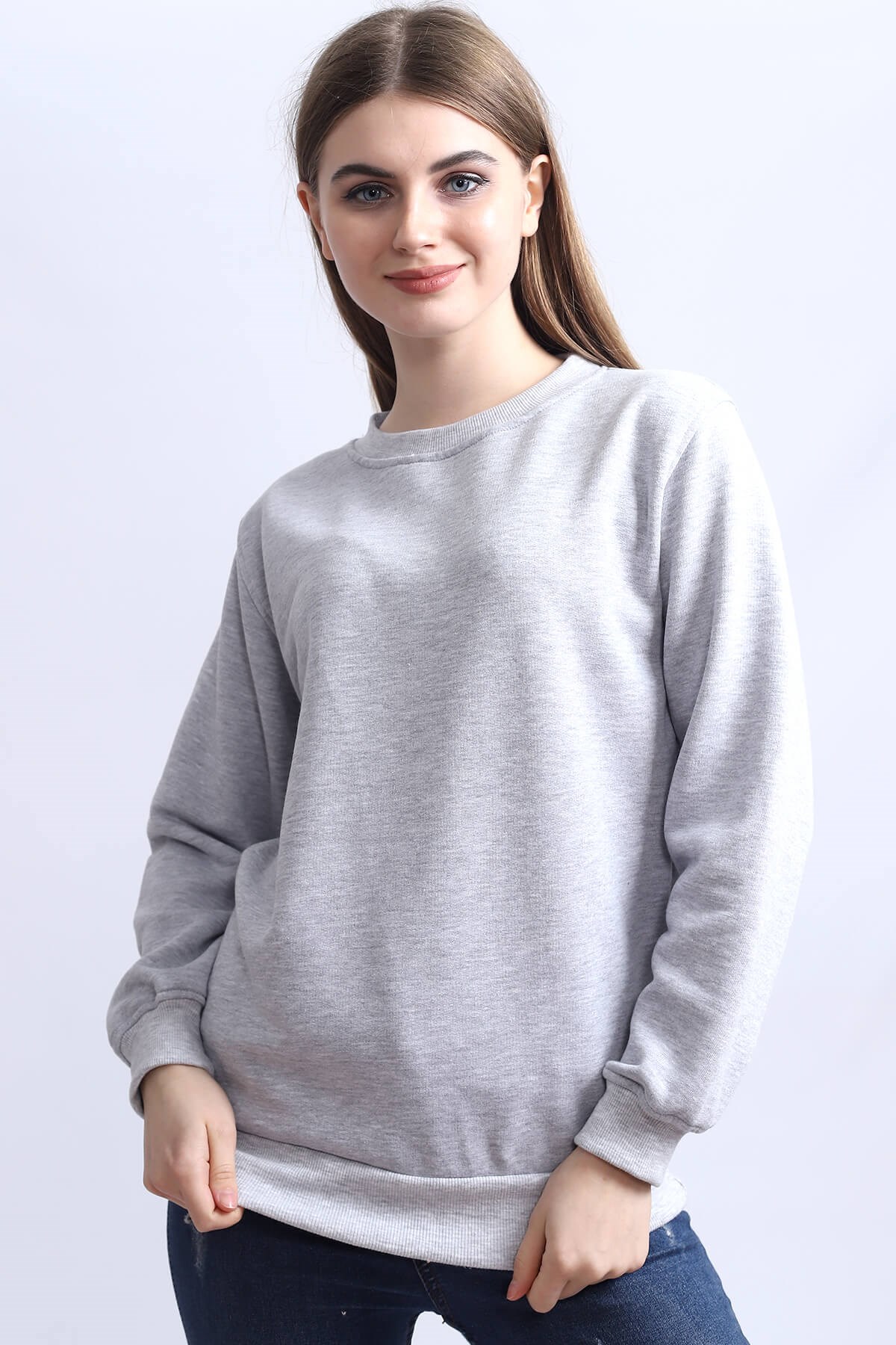 Gri Melanj Bisiklet Yaka Kadın Sweatshirt