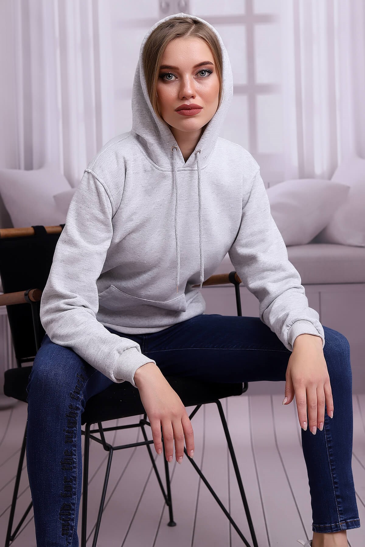Gri Melanj Kapüşonlu Kadın Sweatshirt