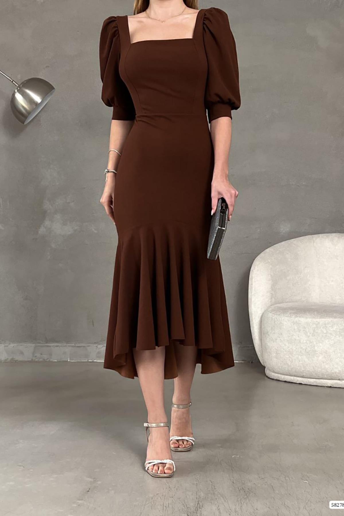 Kahverengi Krep Kumaş Kare Yaka Balon Kol Balık Model Midi Boy Elbise 