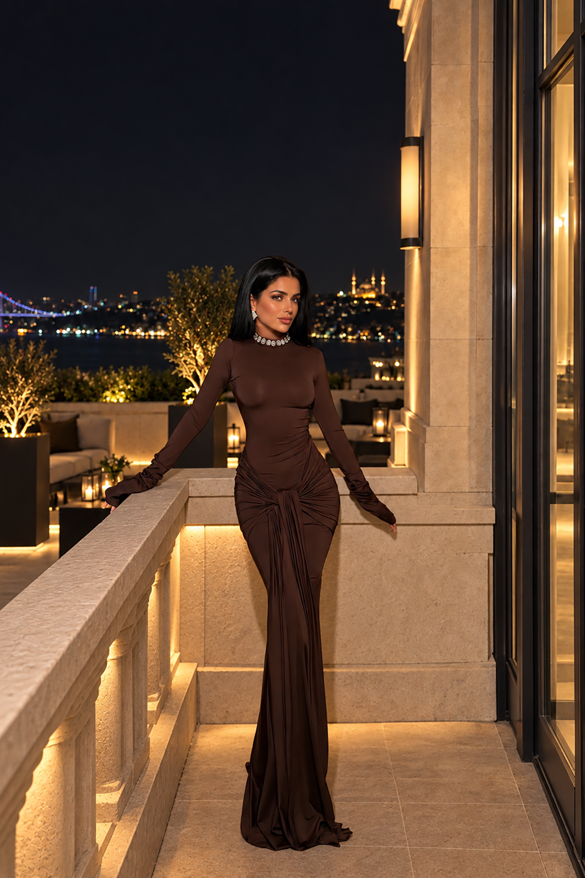 Kahverengi Uzun Kollu Boğazlı Bel Tasarımlı Maxi Boy Sandy Kumaş Elbise