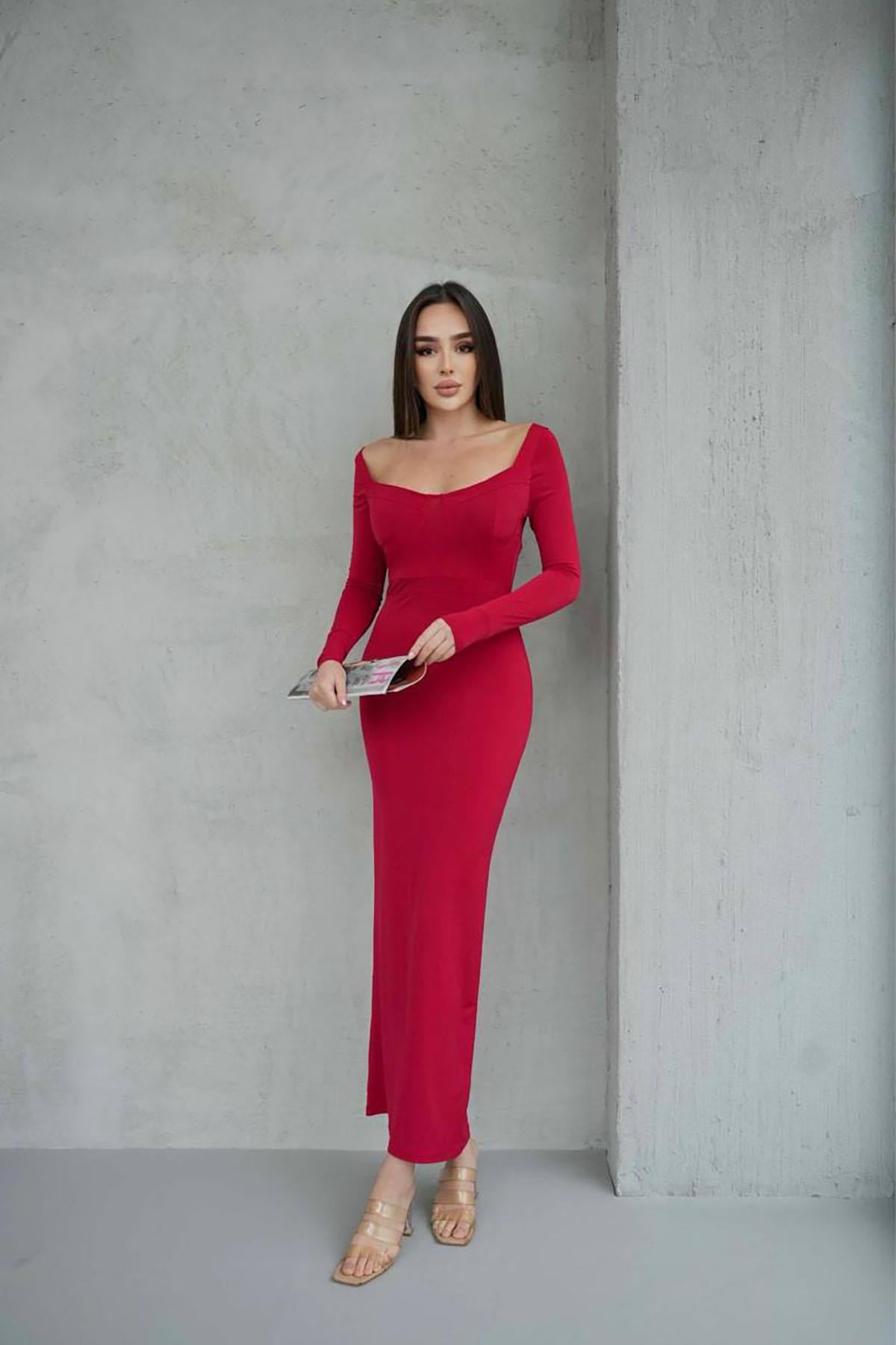 Kırmızı Sandy Kumaş Göğüs Glop Detaylı Yırtmaç Dekolteli Maxi Boy Elbise