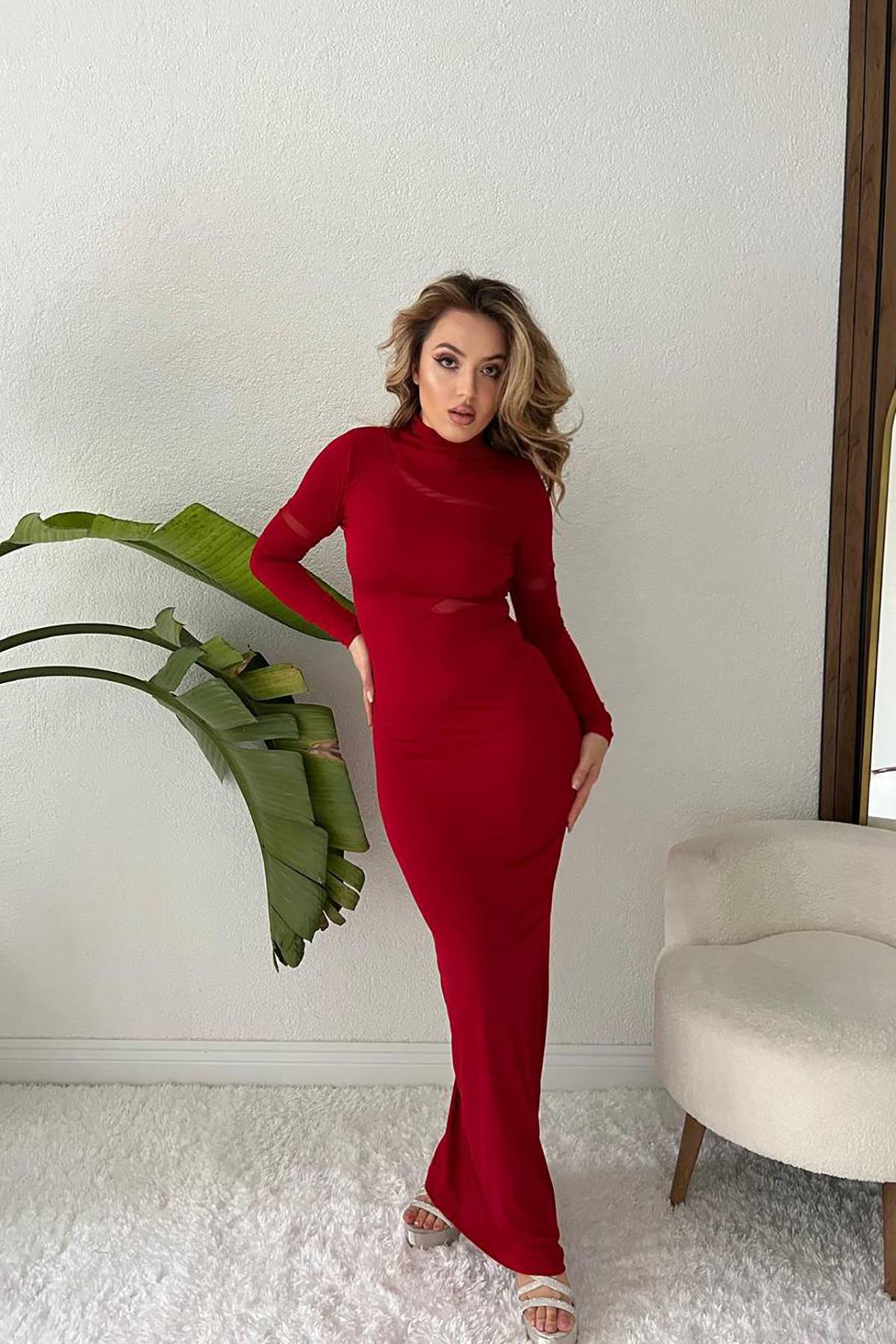 Kırmızı Sandy Kumaş Tül Detay Maxi Boy  Vatkalı Transparan Elbise