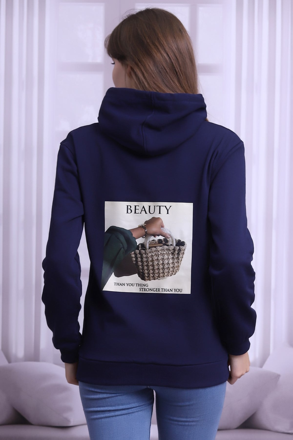 Lacivert Sırtı Baskılı Kapüşonlu Sweatshirt