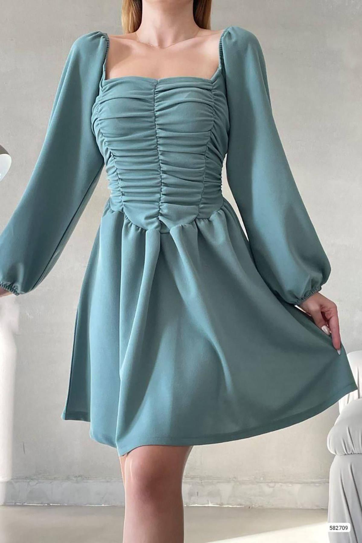 Mint Kare Yaka Drape Detay Ayarlanabilir Uzun Kol Krep Kumaş Elbise