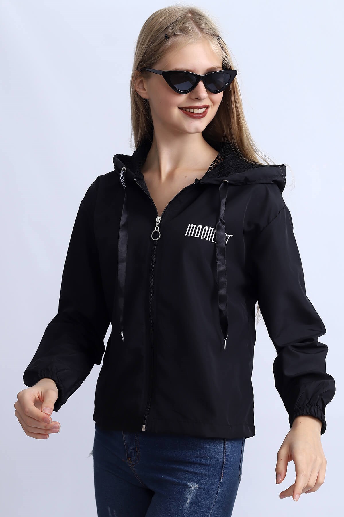 Moonlight Baskı Kadın Siyah Yağmurluk