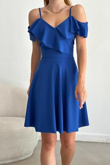 Saks Mavisi  Askılı Omuz Fırfırlı Elbise