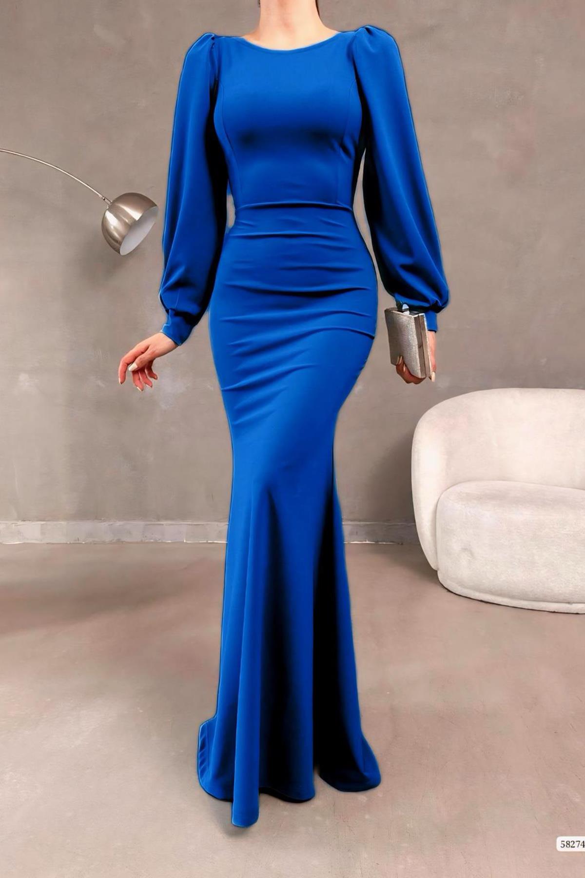 Saks Mavisi Balon Kol Balık Model Maxi Boy İthal Krep Kumaş Elbise