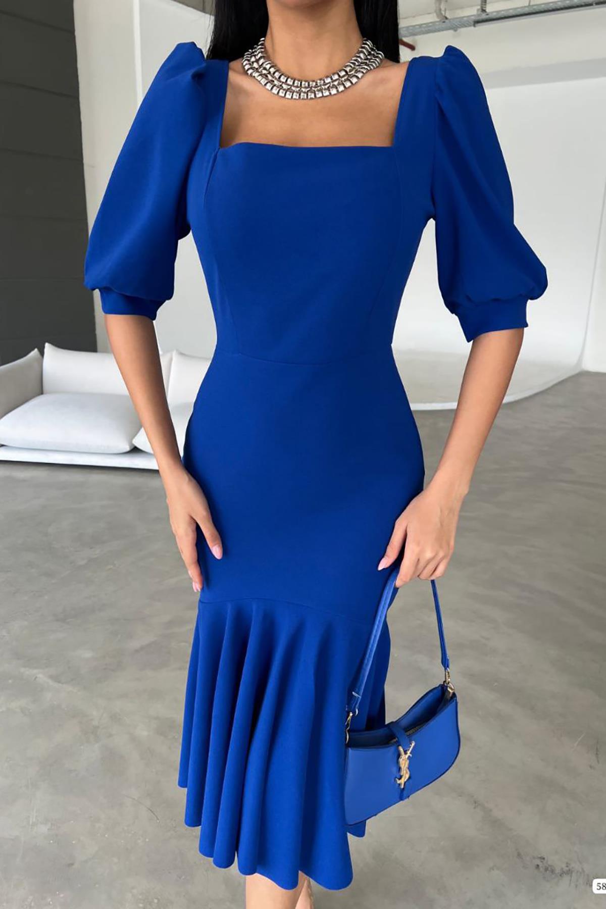 Saks Mavisi Krep Kumaş Kare Yaka Balon Kol Balık Model Midi Boy Elbise 