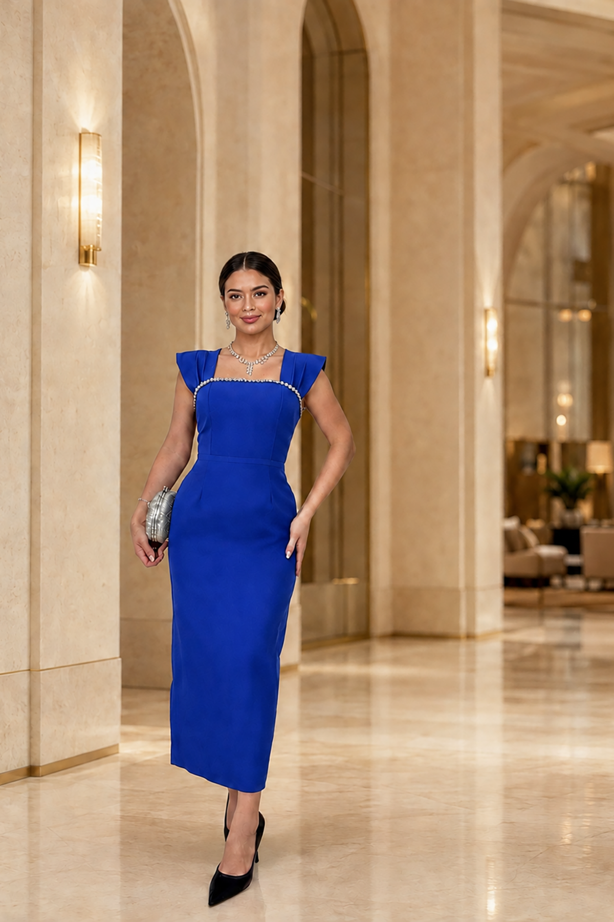 Saks Mavisi Taş Detay Kalın Askılı Kare Yaka Yırtmaçlı Krep Kumaş Elbise