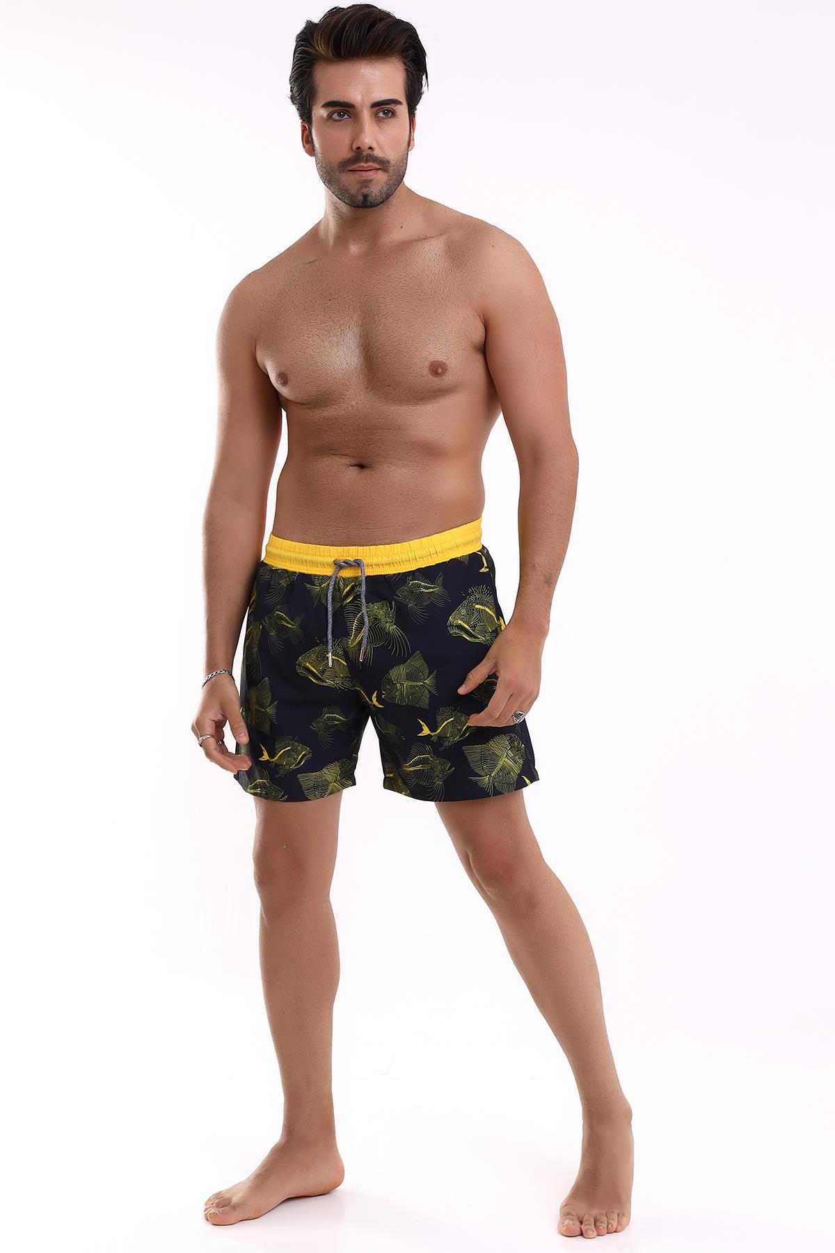 Siyah Balık Desenli Deniz Şortu