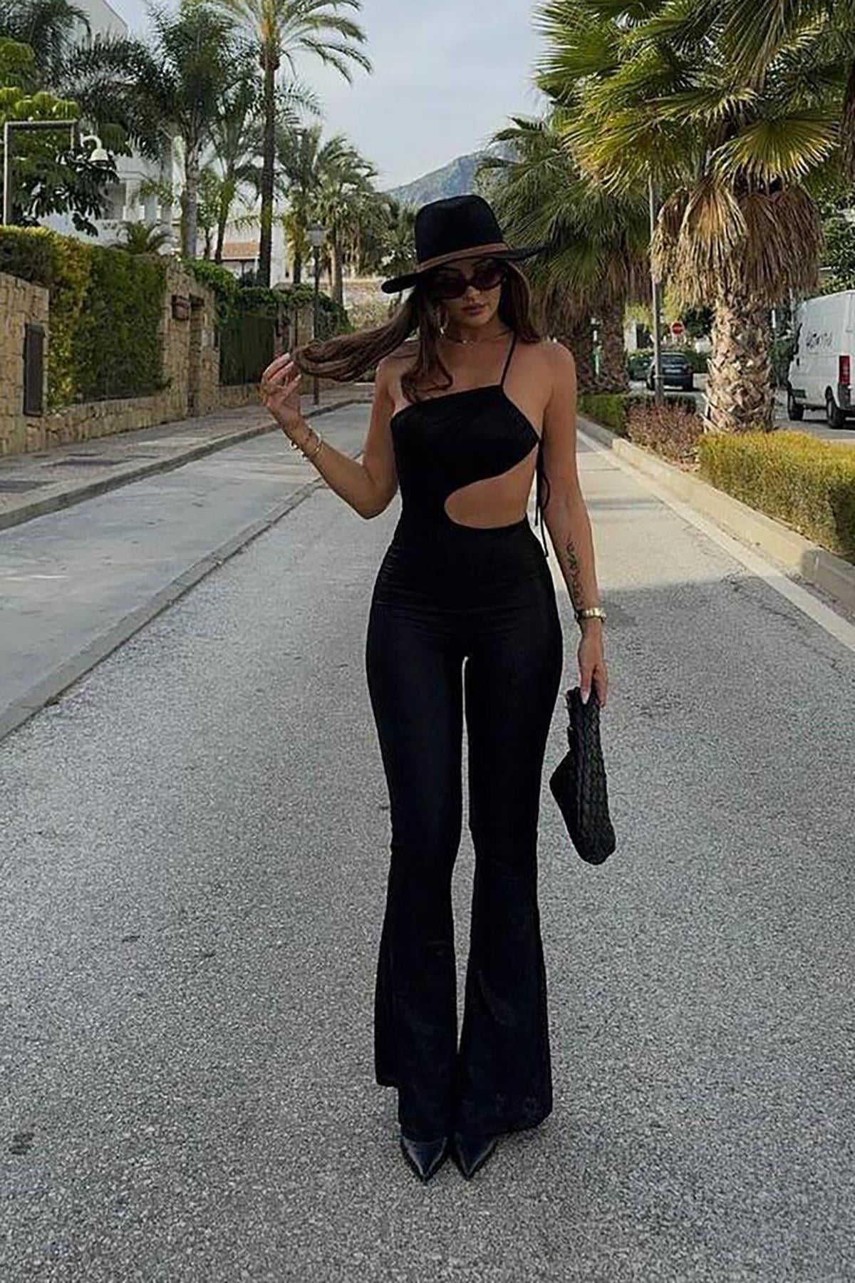 Siyah İthal Full Likralı Sandy Kumaş Tünel Drape Detaylı Maxi Boy Tulum