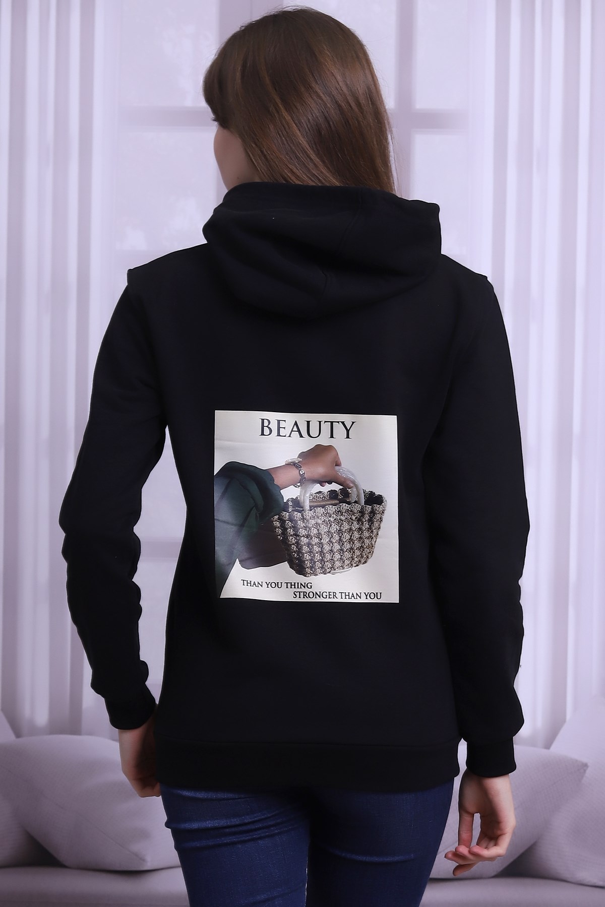Siyah Sırtı Baskılı Kapüşonlu Sweatshirt