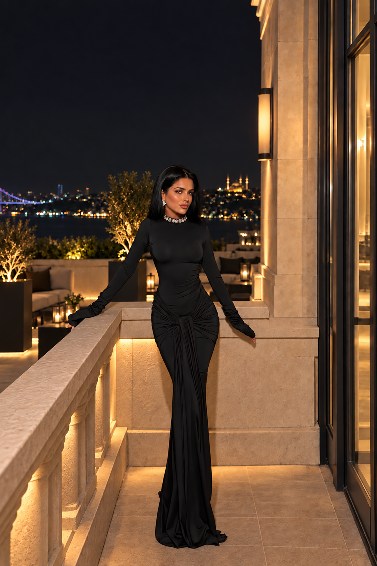 Siyah Uzun Kollu Boğazlı Bel Tasarımlı Maxi Boy Sandy Kumaş Elbise