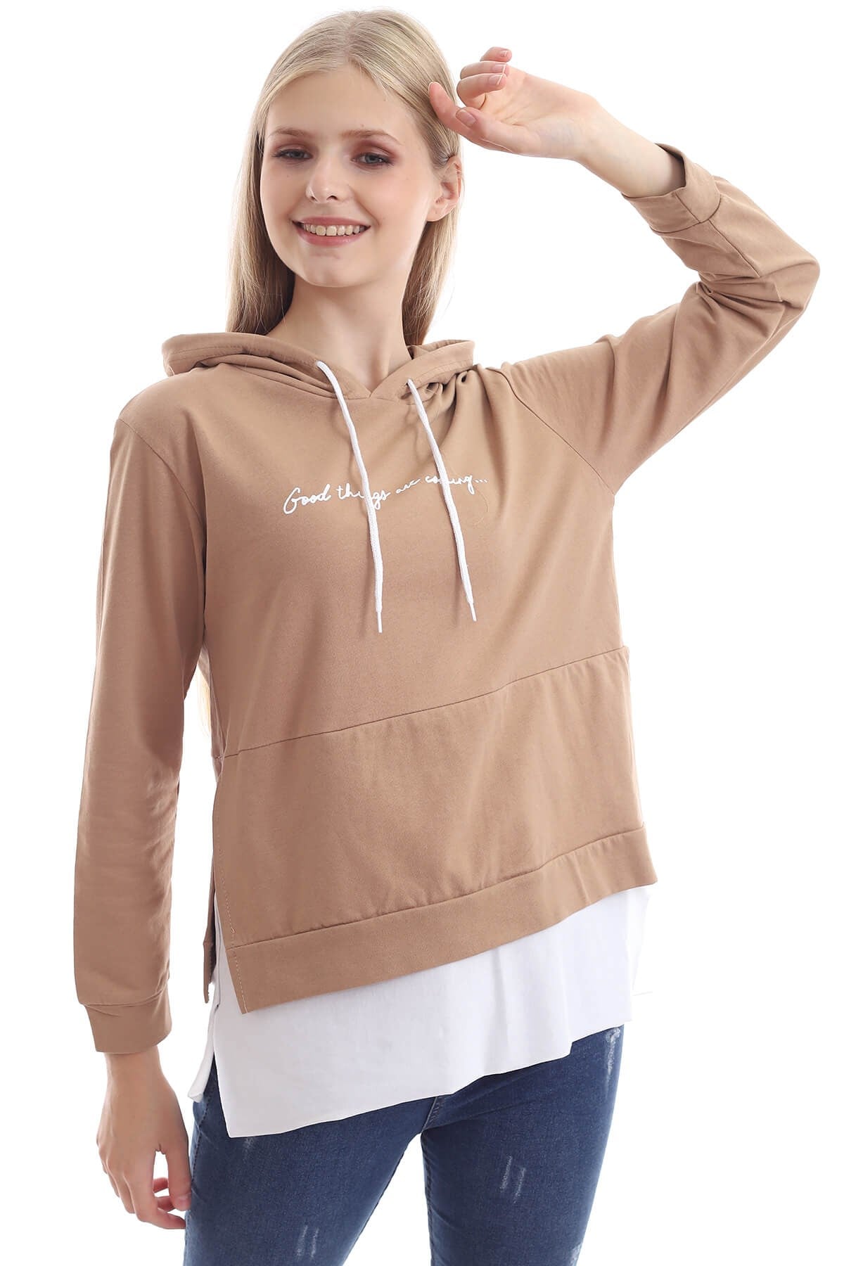 Taba Rengi Yazılı Ve Kapüşonlu Sweatshirt