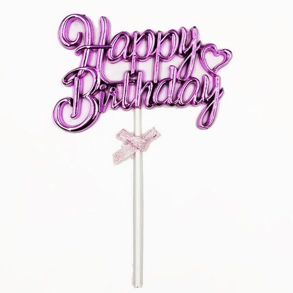 Fuşya Gold Happy Birthday Krom Renkli Çubuklu Pasta Süsü
