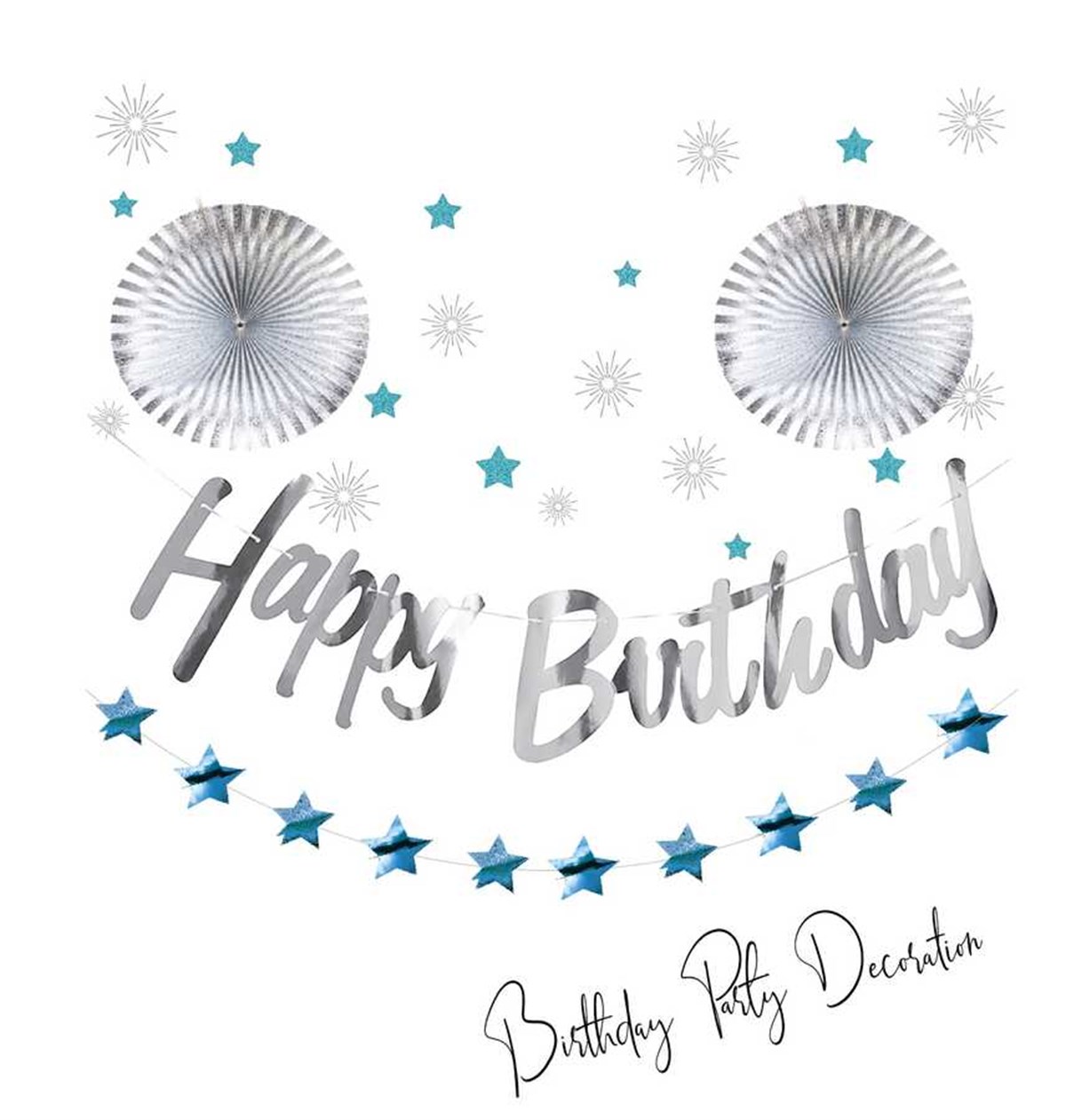 Happy Birthday Banner, 3 Boyutlu Yıldız ve Yelpazeli Set (renk seçiniz)
