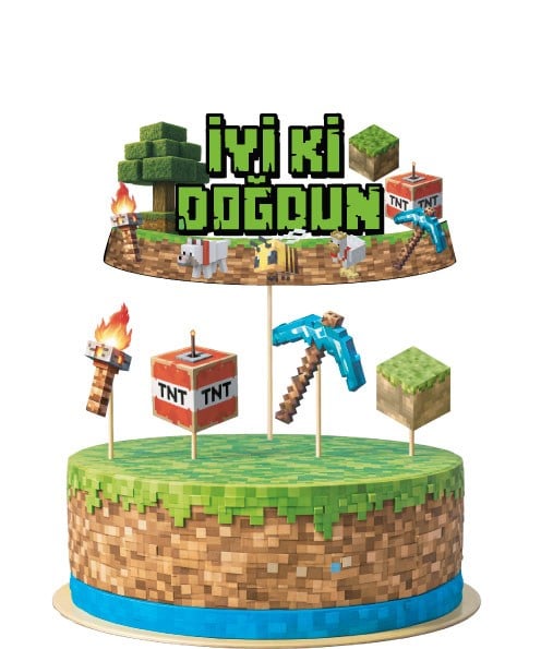 Pixel Temalı Pasta Üstü Süs