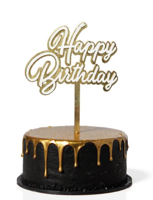 Pleksi Kabartmalı Pasta Süsü Happy Birthday Gold