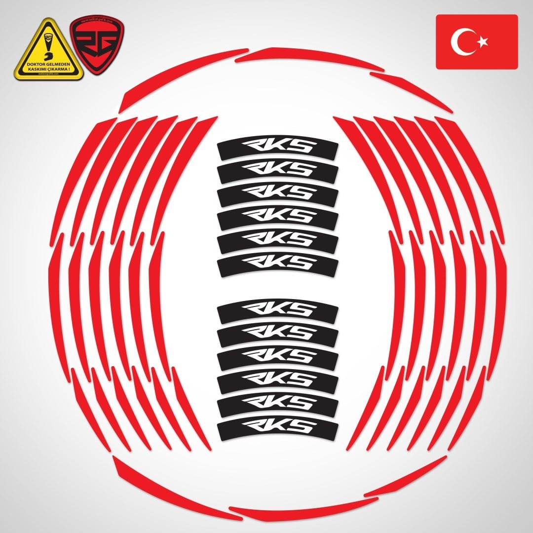 RKS Uyumlu Beyaz Yazılı 3 Parçalı Kırmızı Reflektif Jant Şeridi 
