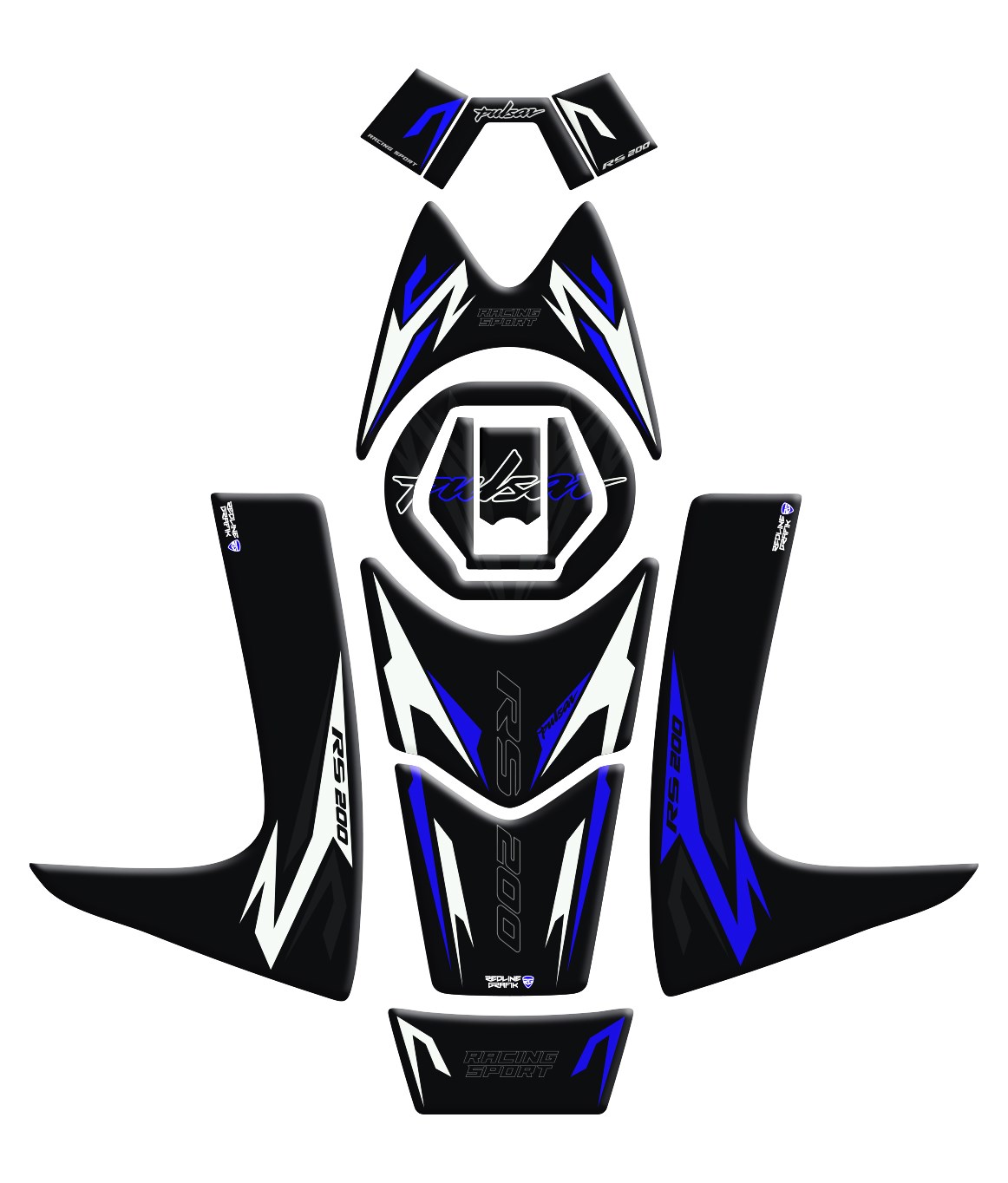 Bajaj Pulsar RS 200 Siyah Lacivert Beyaz Full Tank Pad Set Redline Grafik
