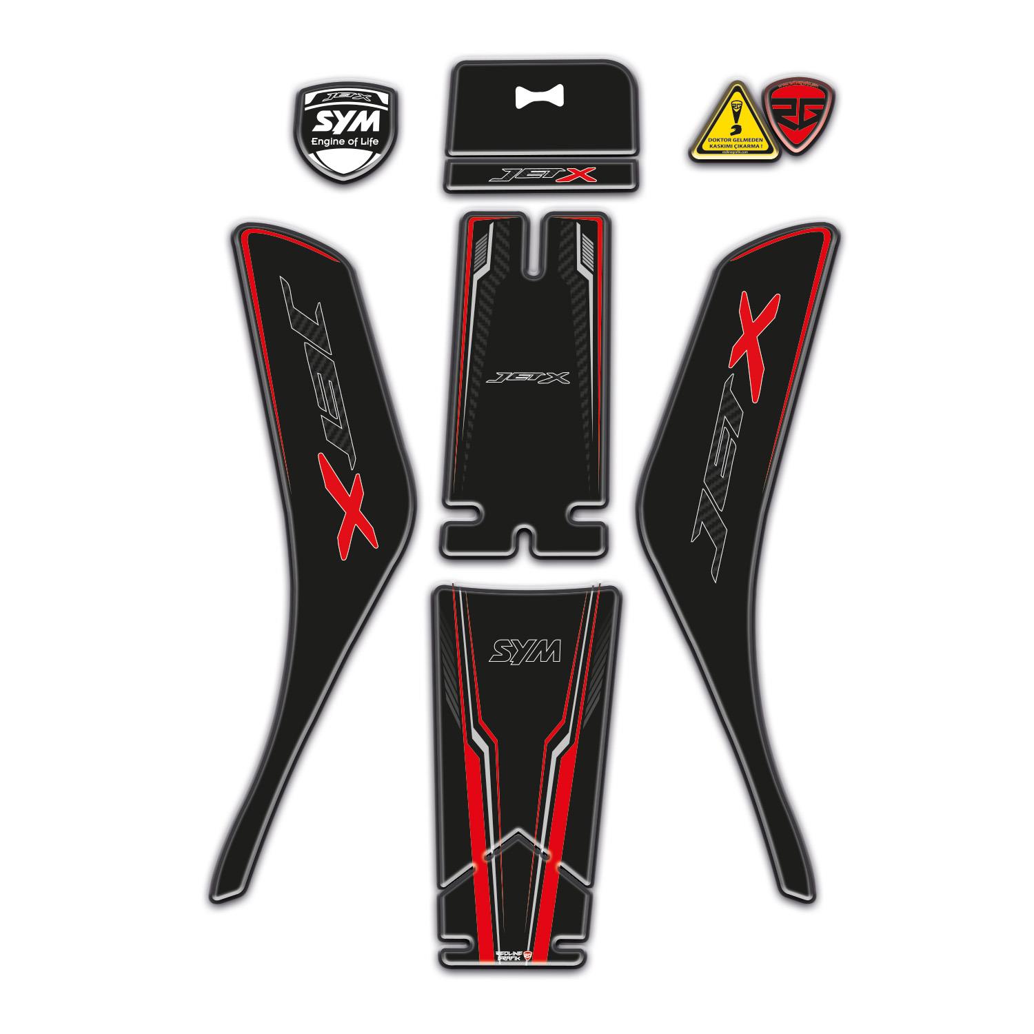 Redline Grafik SYM Jet X 125 Uyumlu Tank Pad Seti Kırmızı Siyah