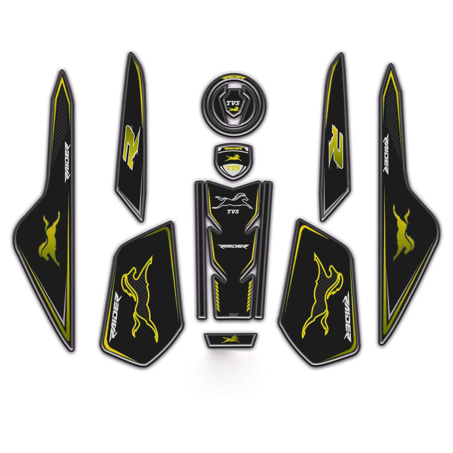  TVS Raider Sarı Siyah Tank Pad Kuyruk Pad Kafa Pad Sticker Seti Full Redlinegrafik