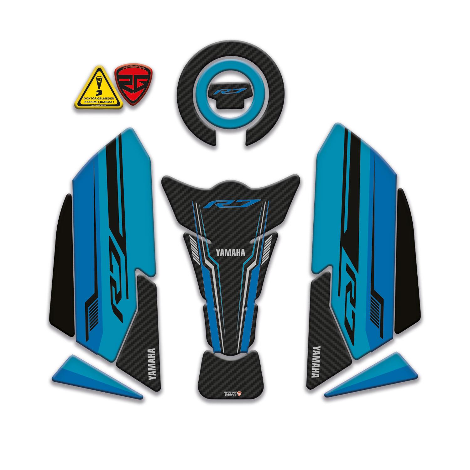 Yamaha R7 Uyumlu Tank Pad Yan Pad Seti Mavi Siyah Tasarım Redlinegrafik