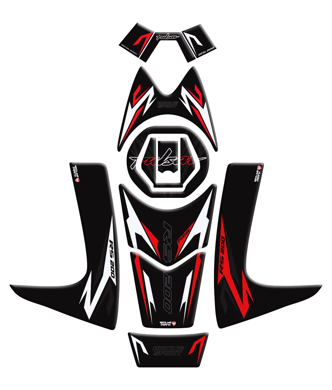 Bajaj Pulsar RS 200 Siyah Kırmızı Beyaz Full Tank Pad Set Redline Grafik