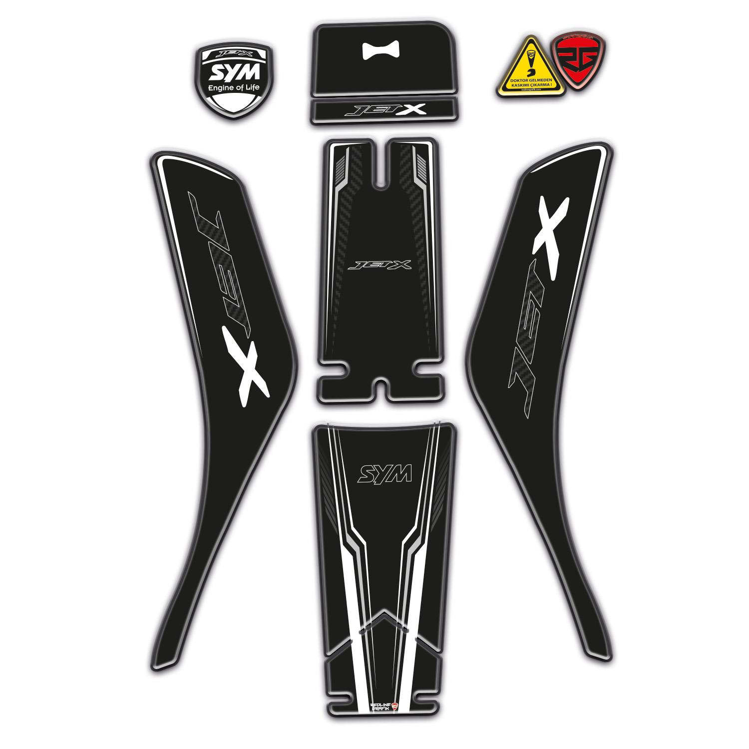 Redline Grafik SYM Jet X 125 Uyumlu Tank Pad Seti Beyaz Siyah Tasarım