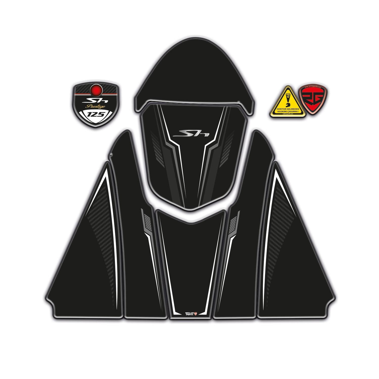  Honda SH 125 2024-2025 Uyumlu Siyah Beyaz Tank Pad Redline Grafik