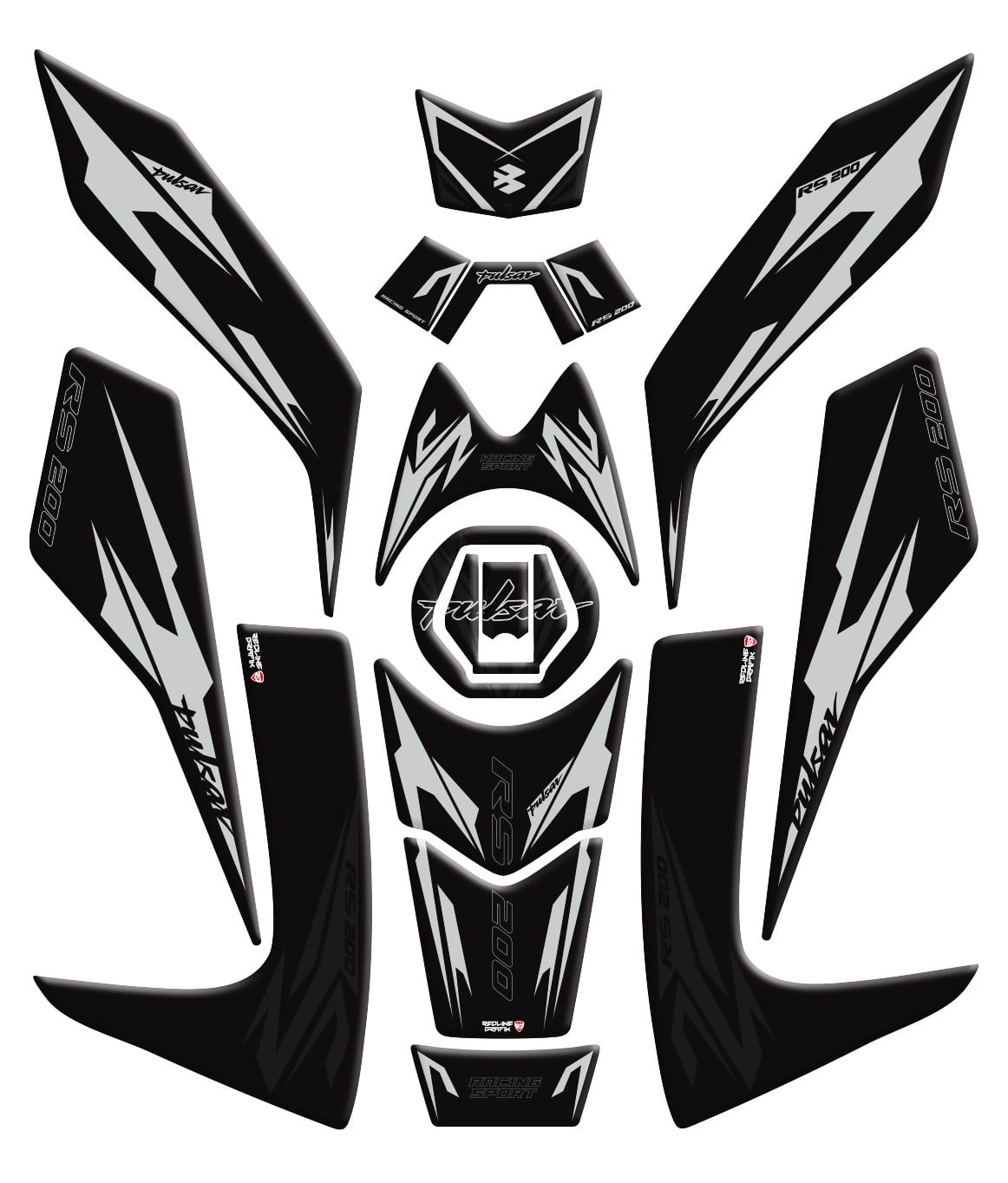 Bajaj Pulsar RS 200 Siyah Gri Full Tank Pad Set Redline Grafik