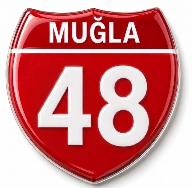 Redlinegrafik 48 Muğla Plaka Kodlu 3D Kabartmalı Araç 1 Adet Sticker Etiket Kırmızı  Beyaz