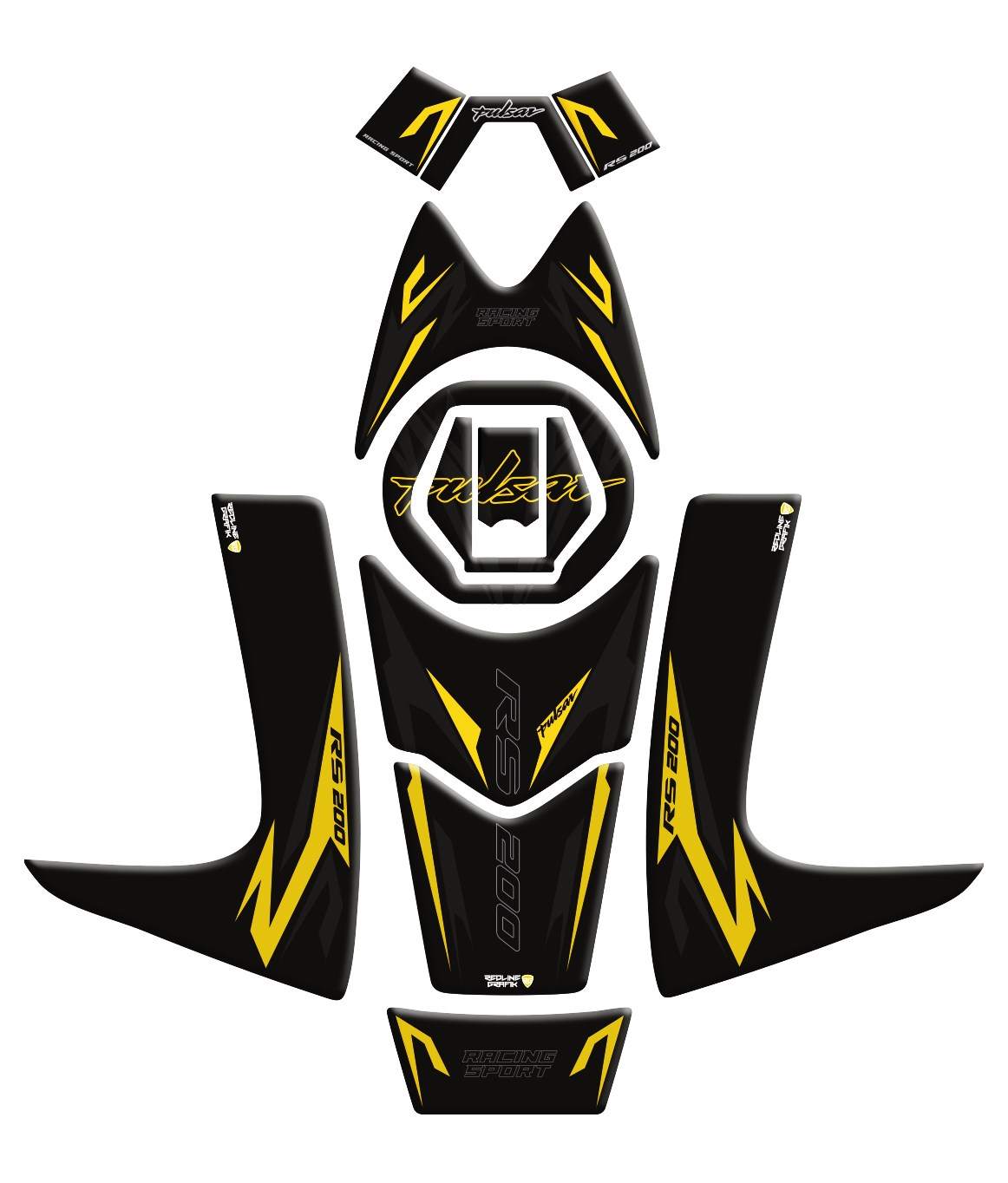 Bajaj Pulsar RS 200 Siyah Sarı Full Tank Pad Set Redline Grafik