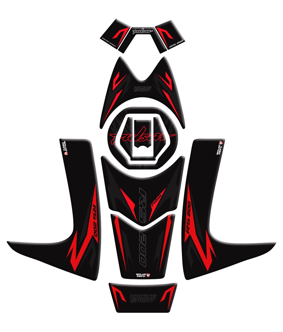 Bajaj Pulsar RS 200 Siyah Kırmızı Full Tank Pad Set Redline Grafik