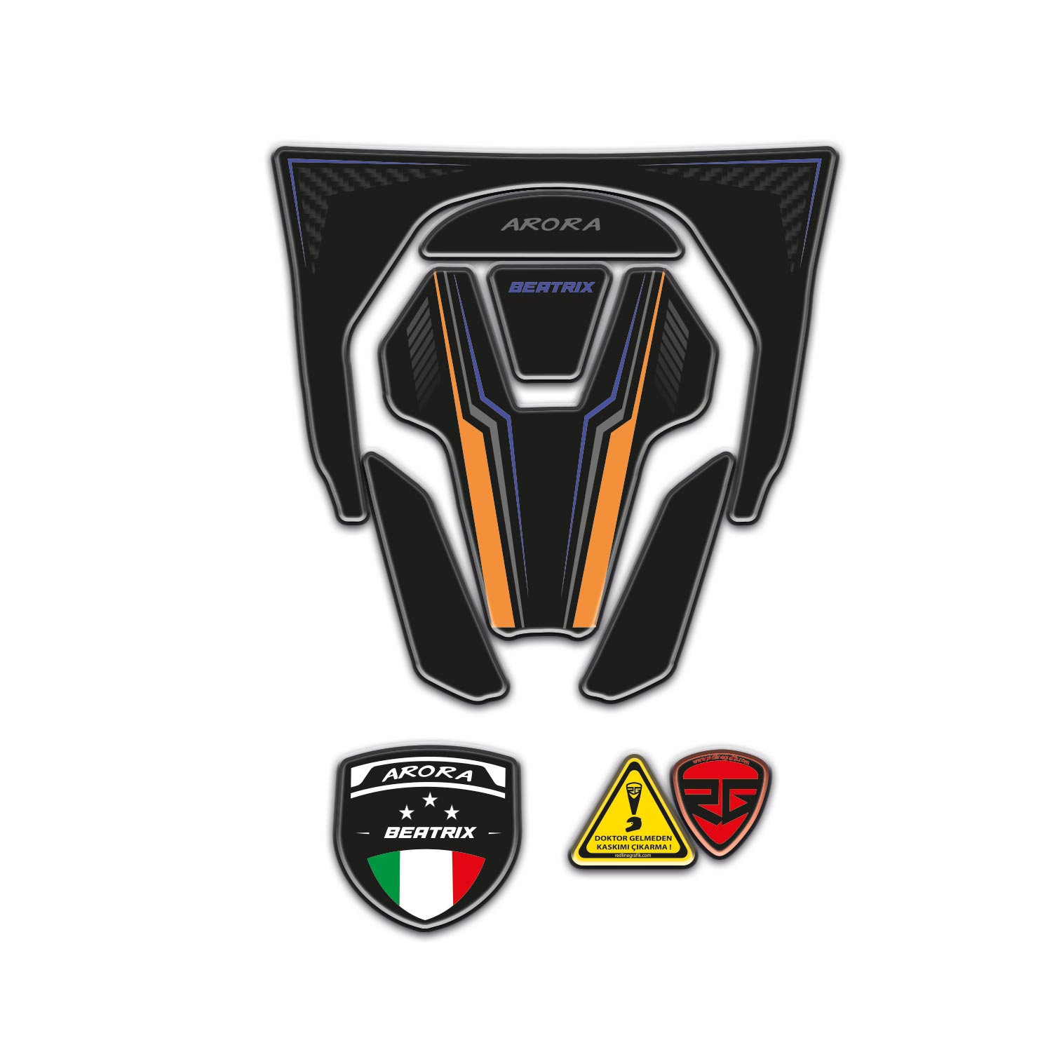 Redline Grafik Arora Beatrix Uyumlu Siyah Mor Turuncu Renkli Tasarımlı Tank Pad Set