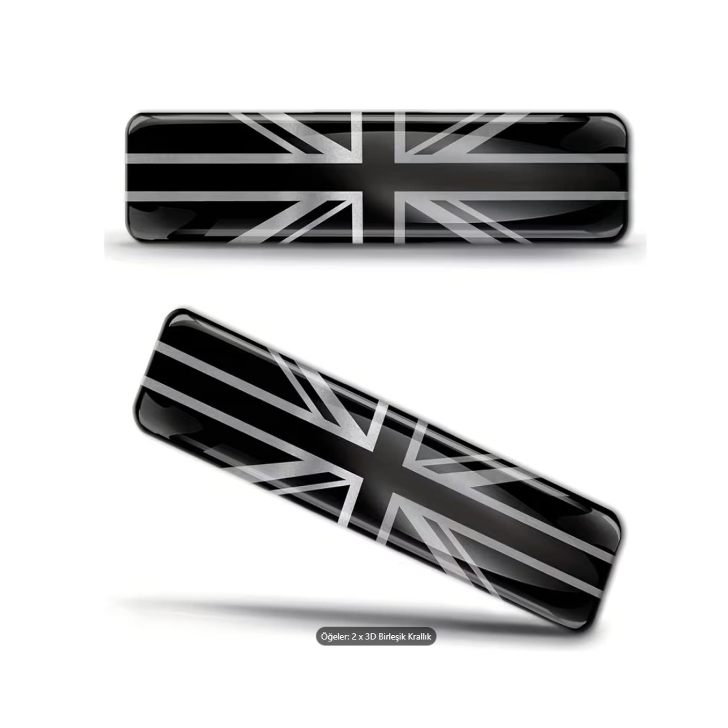 Britanya İngiliz Bayrağı 3D Kabartmalı Gümüş Siyah 2 Adet Sticker Arma Universal  