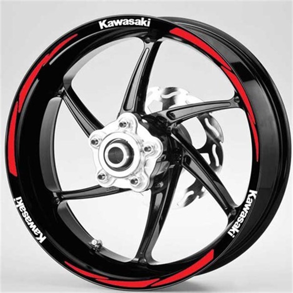 Beyaz Kırmızı Kawasaki Yazılı 3 Parçalı Reflektif Beyaz Jant Şeridi